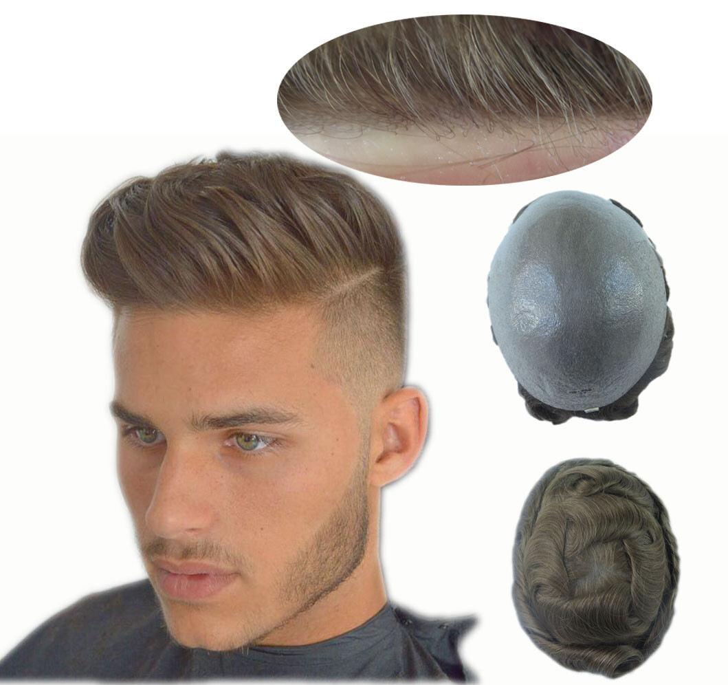 Natural Mens Toupee Hair Replacement System Super Thin Skin Human Hairpieces #18