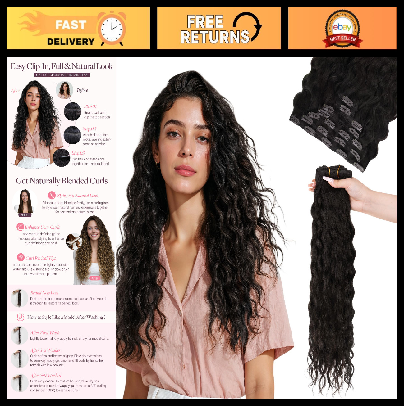 Curly Clip-In Hair Extensions 18″ 120g 7Pcs Real Human Hair, Natural Black, Wome
