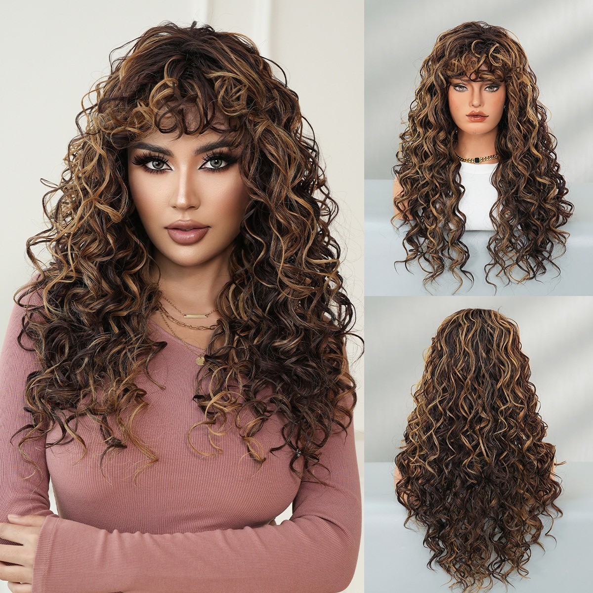 Brown Honey golden curly springy curly long hair with bangs synthetic fibers