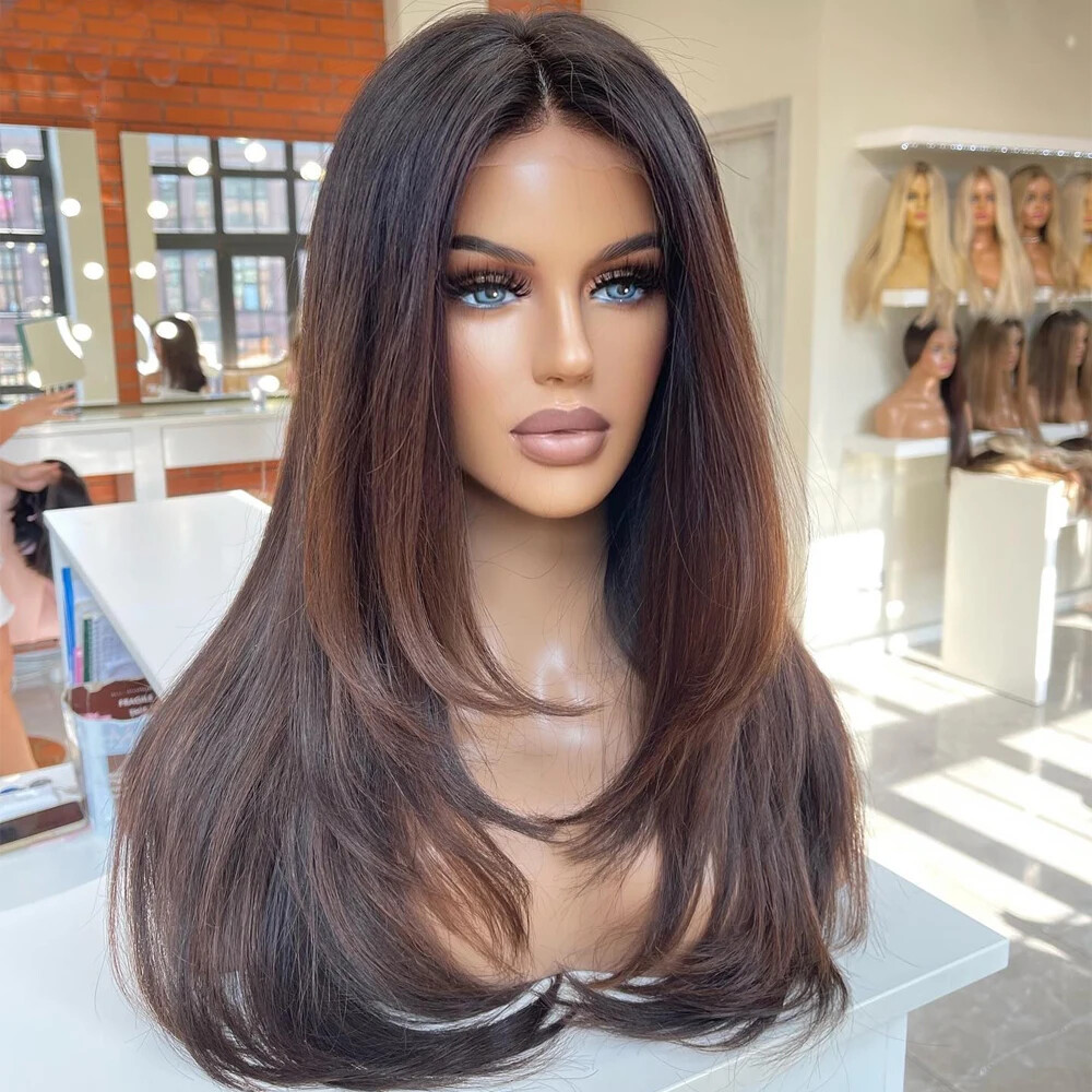 Highlights Chocolate Brown Human Hair 5.5X4.5 PU Silk Base Wigs 4×4 Lace Closure