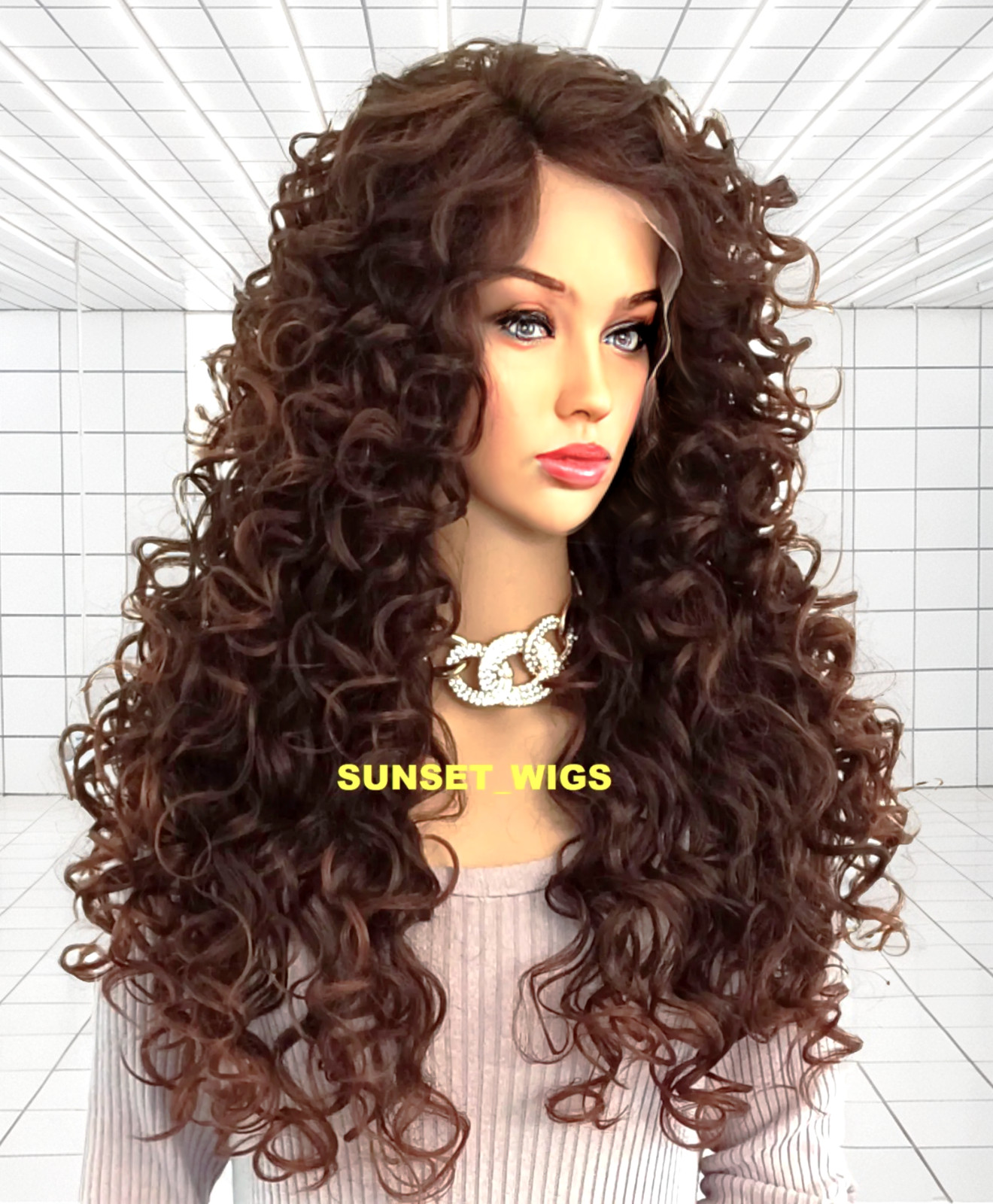 30″ LACE FRONT WIG LONG CURLY LAYERED BROWN AUBURN MIX #T4.30 HEAT OK