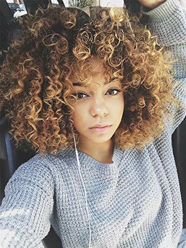 Women Ombre Blonde Short Curly Afro Wigs With Bangs Kinky Curly Wig Synthetic