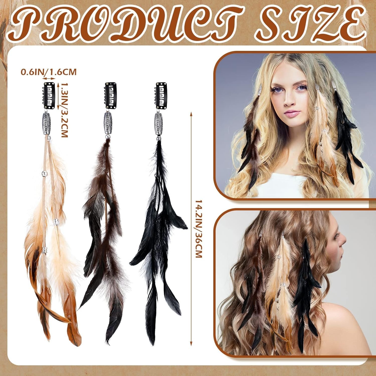 12 Pcs Feather Hair Extensions Colored Clip in Brown, Black, Dark Coffee