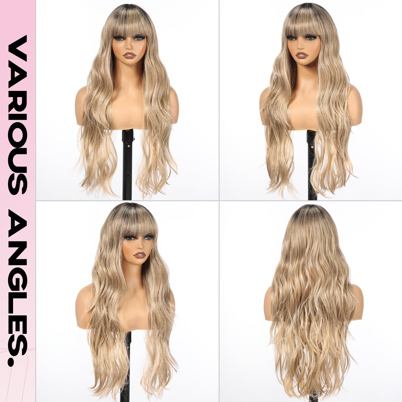 Long Ombre Blonde Wig with Bangs for Women, 26 Inch Long Curly Lace Wig Natur…