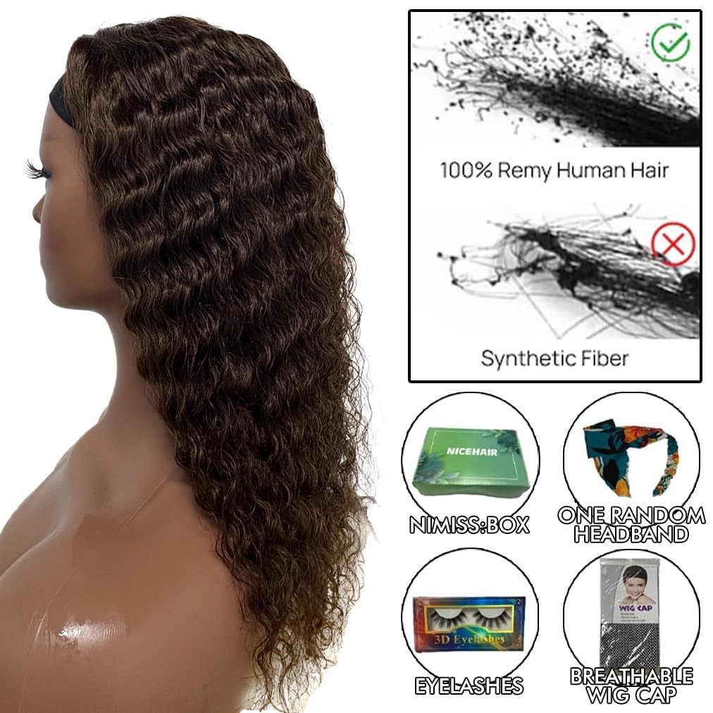 Nicmiss Chocolate Brown Headband Wig Human Hair Deep Wave Human Hair Wigs For