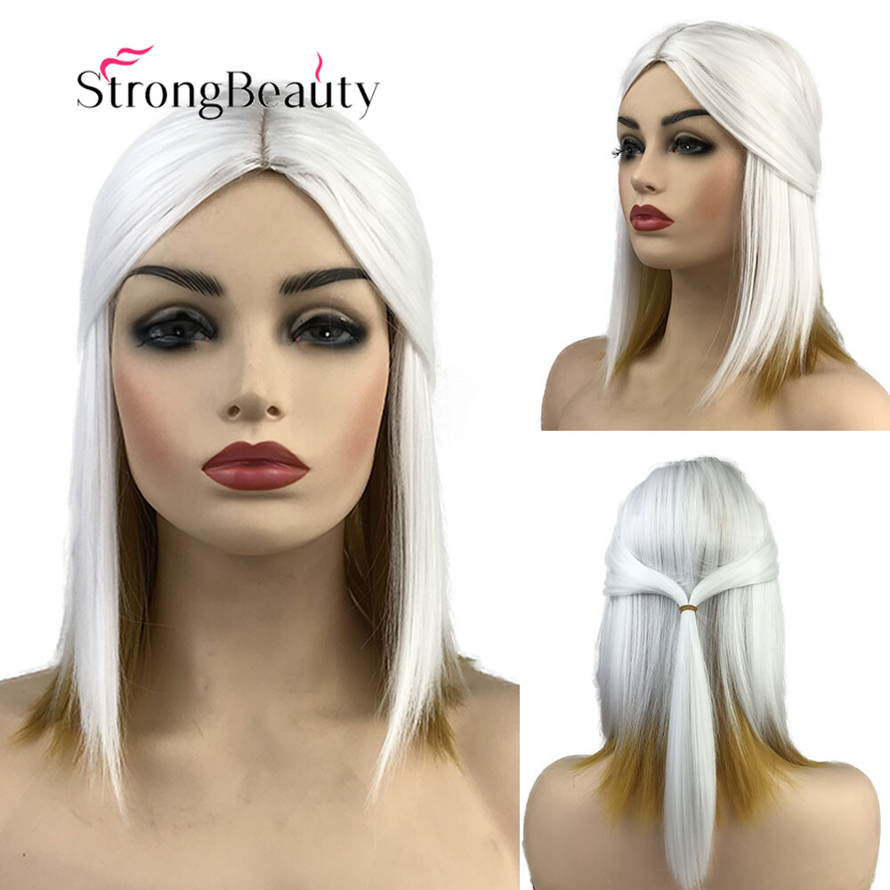 Short Straight Ombre White Yellow Wig Synthetic Hair Cosplay Anime Wigs