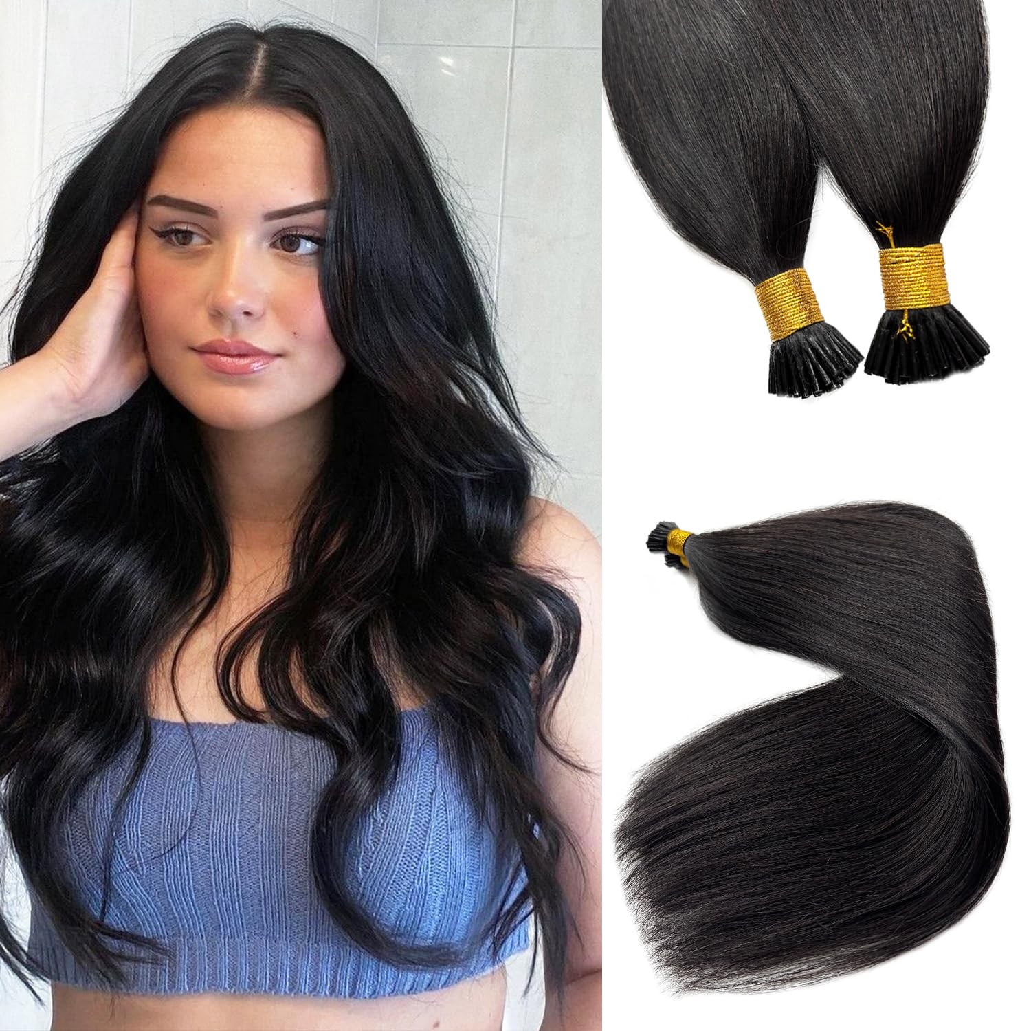Licoville I Tip Hair Extensions Human Hair Silky Straight 18 Inch Natural Black
