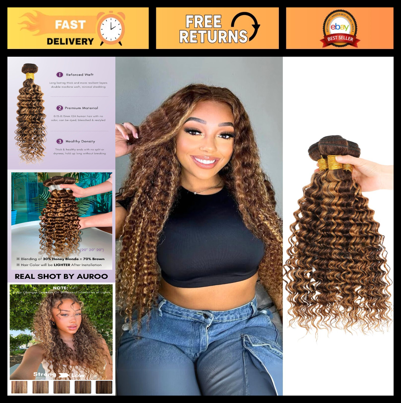 Honey Blonde Highlight Deep Wave 3 Bundles 100% Virgin Human Hair Extensions, Om