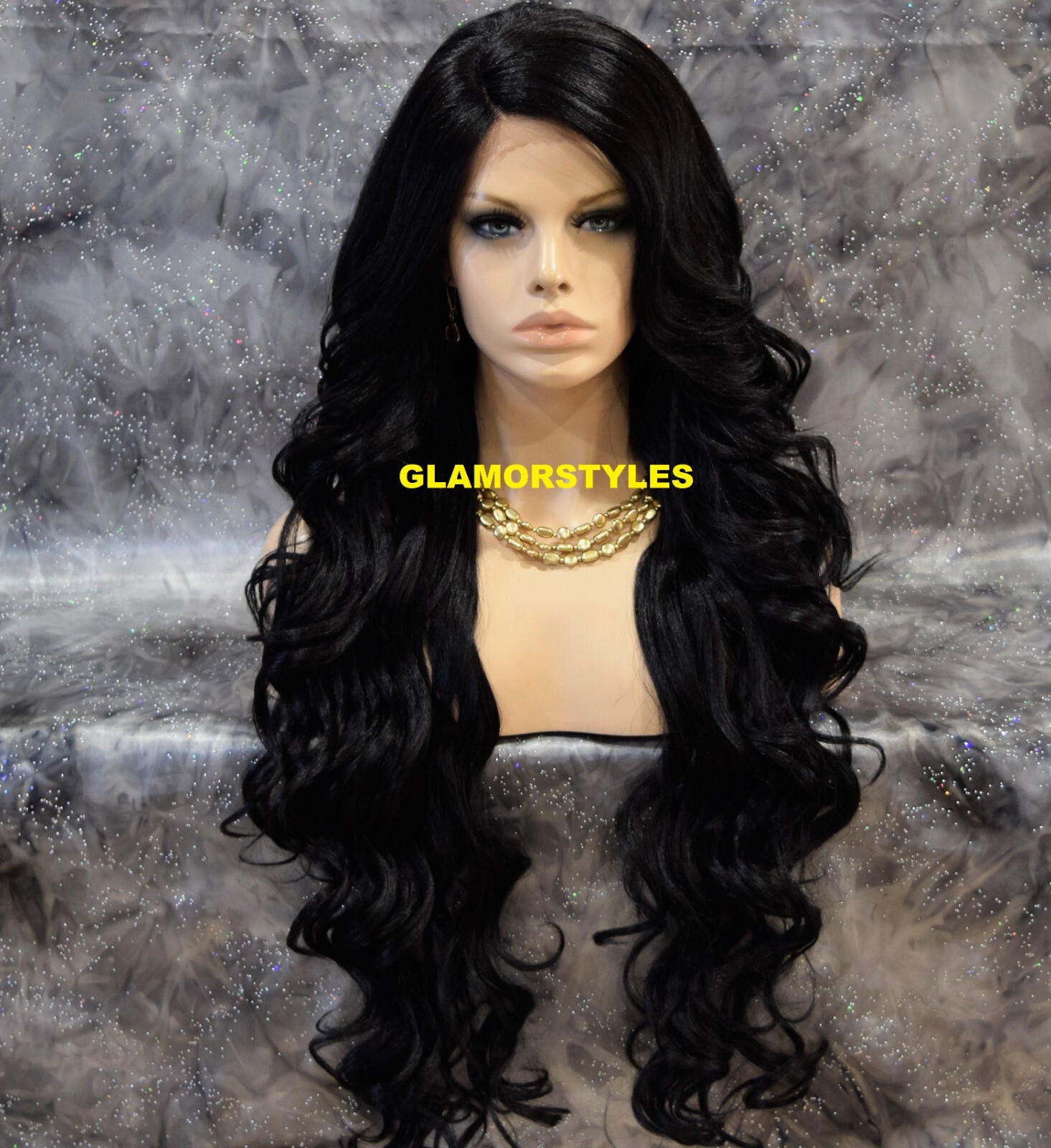 LACE FRONT FULL WIG EXTRA LONG WAVY LAYERED SIDE PART JET BLACK #1 HEAT OK NWT