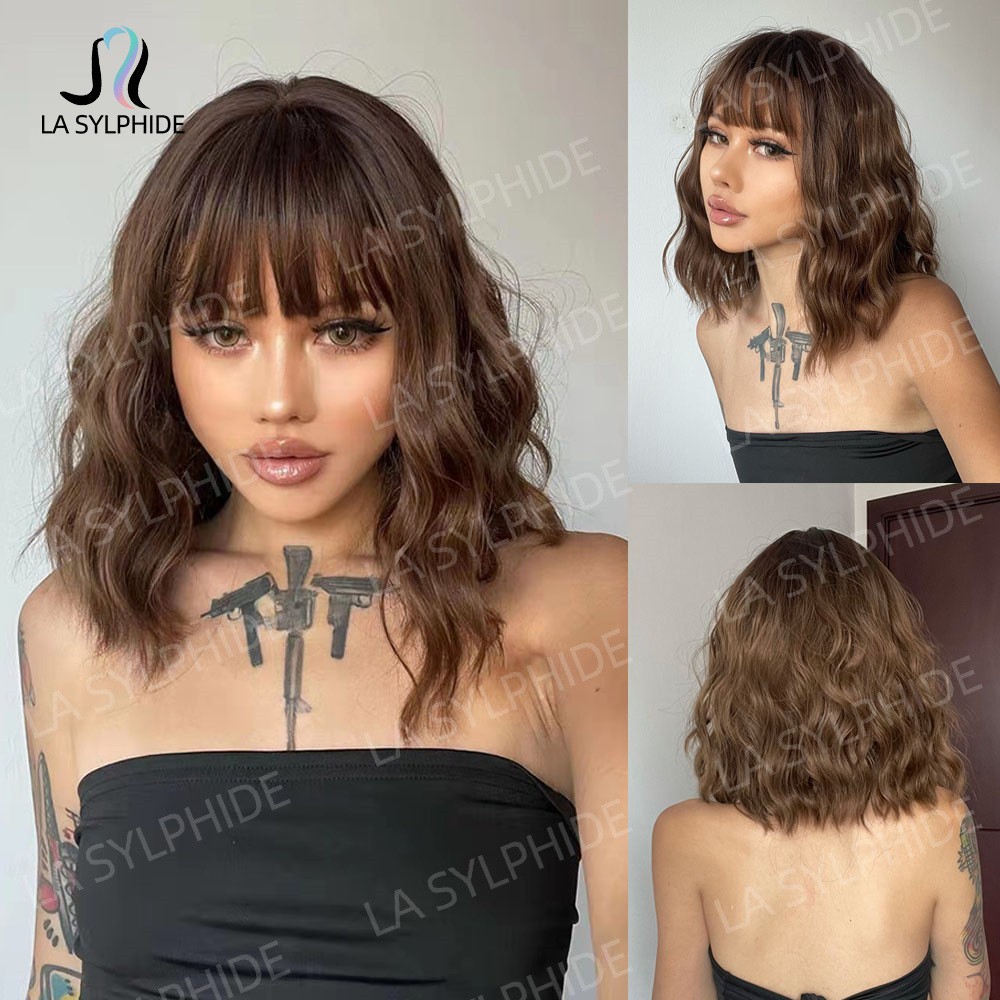 High Crown Brown Short Water Wave Wig with Bangs for Women Multicolor Synthetic