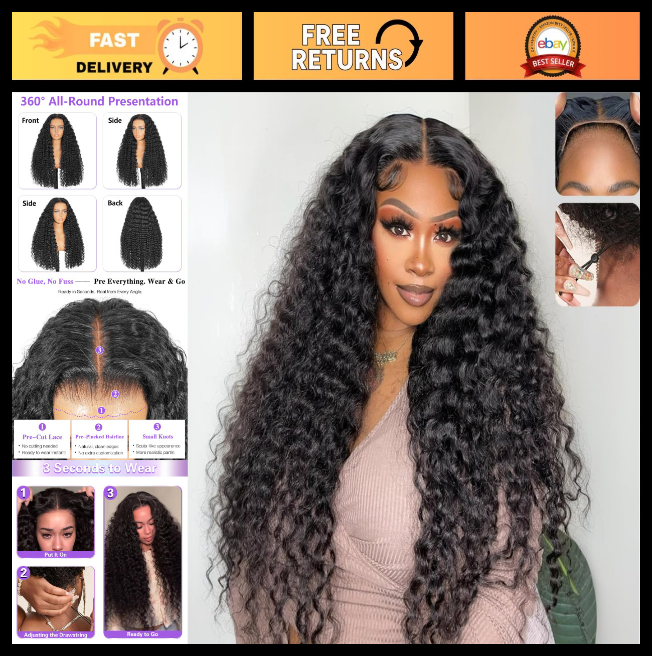 Glueless Human Hair Lace Front Wig 26″ Deep Wave, 210% Density, Pre Plucked, No