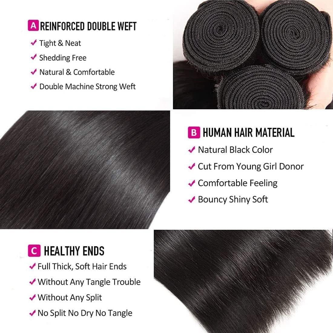Hydtxc Human Hair Bundles 14 16 18 Inch Natural Black Straight Wave Bundles