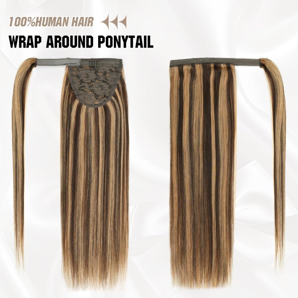 Amygirl Ponytail Extension Human Hair 16 Inch Medium Brown Mixed Blonde Silky