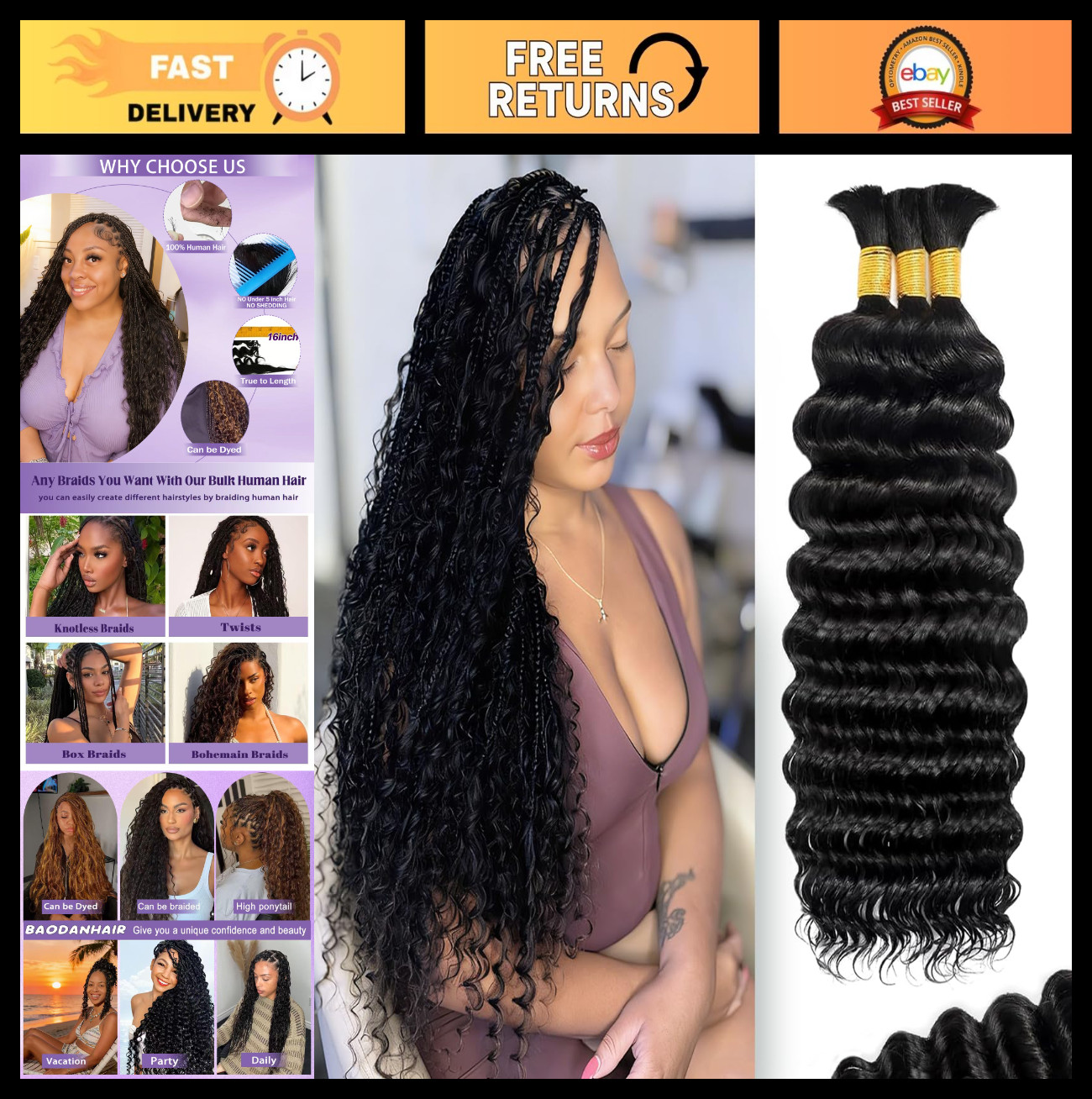 Curly Boho Braiding Hair 110g – 20 Inch Deep Wave Bulk 3 Bundles Natural Black