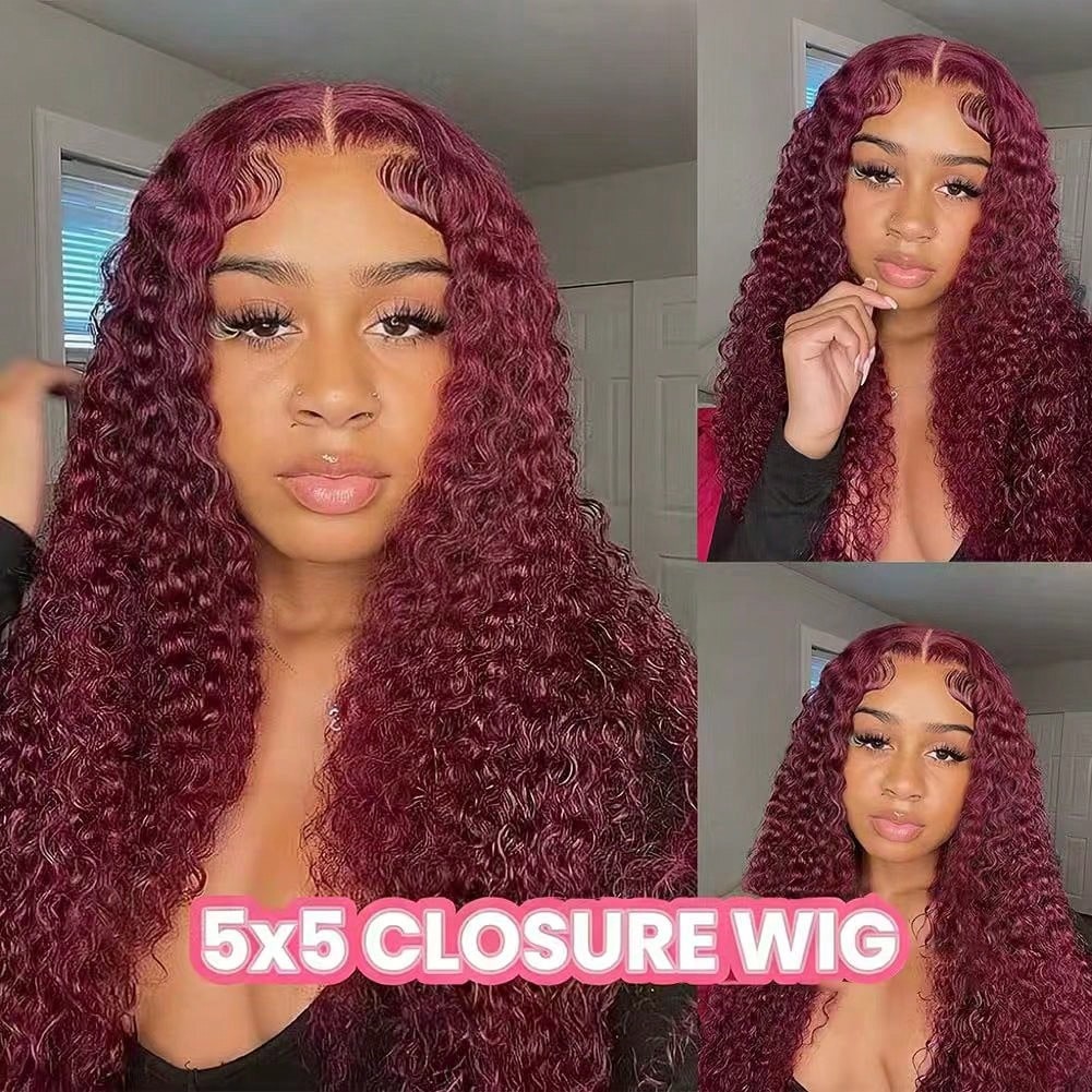 Brazilian Virgin 5×5 Jerry Curly Burgundy 99J Wigs 200% Density Human Hair