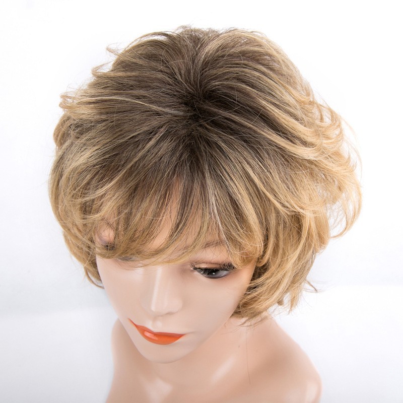 Wavy Short Fluffy Rooted Blonde Mix Synthetic Hair Wigs Women Soft Natural Daily