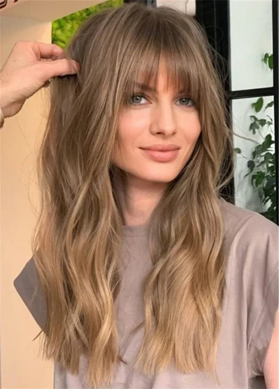 100% Human Hair New Women’s With Bangs Layered Long Light Brown Wavy Wigs 20 In