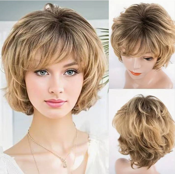 Short Fluffy Wavy Bob Hairstyle Rooted Blonde Mix Synthetic Hair Wigs Women Soft