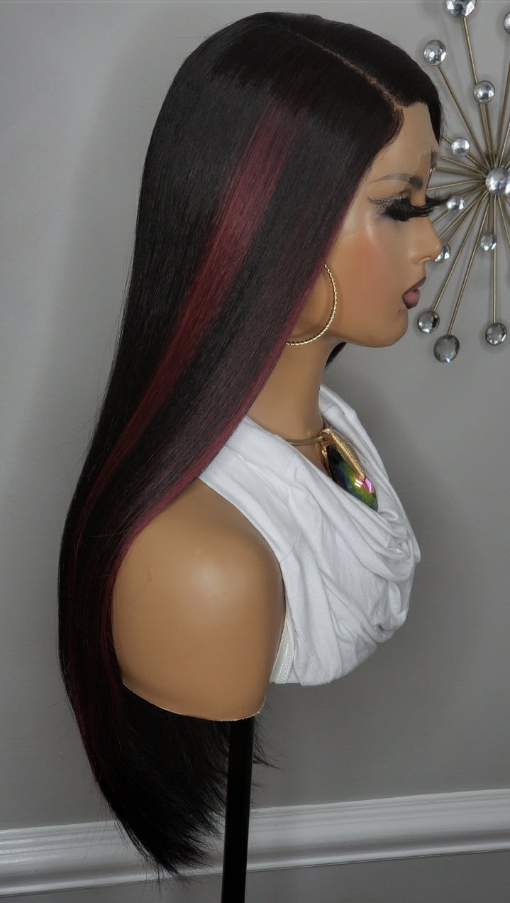 New Long Straight Style Burgundy Red Black Highlights Lace Front Wig Womens Hair