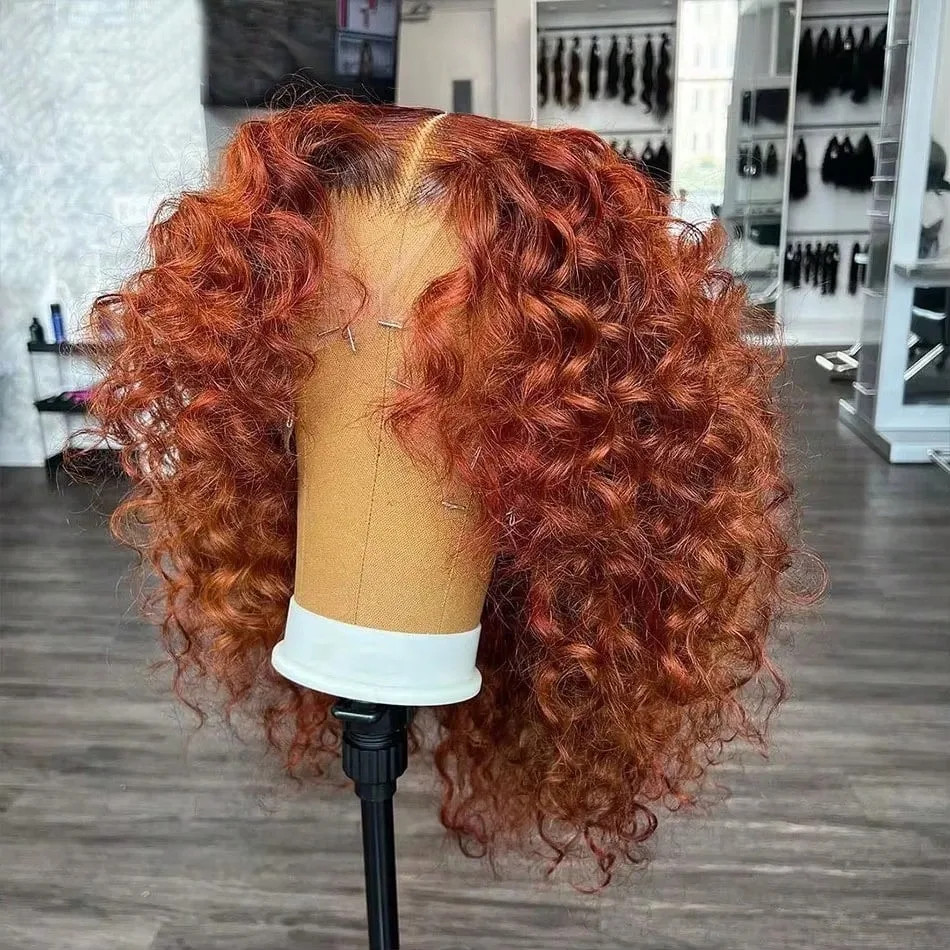 8-22Inch Deep Wave Bob Ginger Orange Lace Front Wigs Bob Human Hair Wig 14 Inch