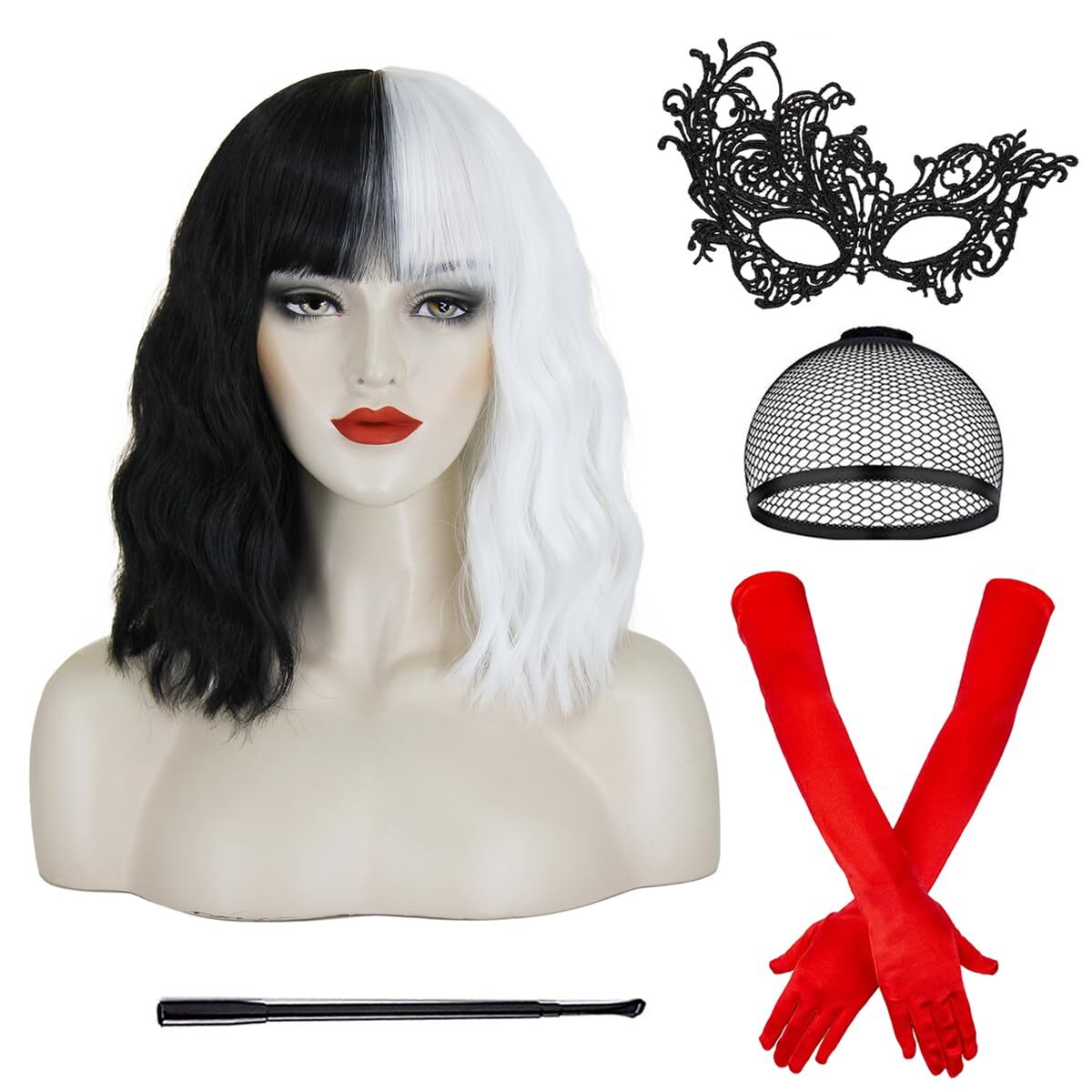 Cruella Deville Black and White Hair Wig w/bangs Costume w/Mask Gloves C-Rod