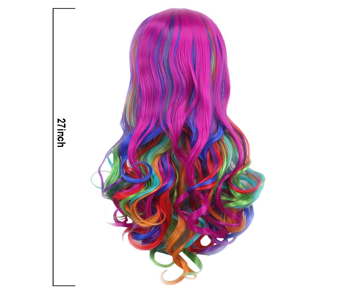 Girls Long Curly Rainbow Color Cosplay Party Costume Hair Wigs with Cap+Comb