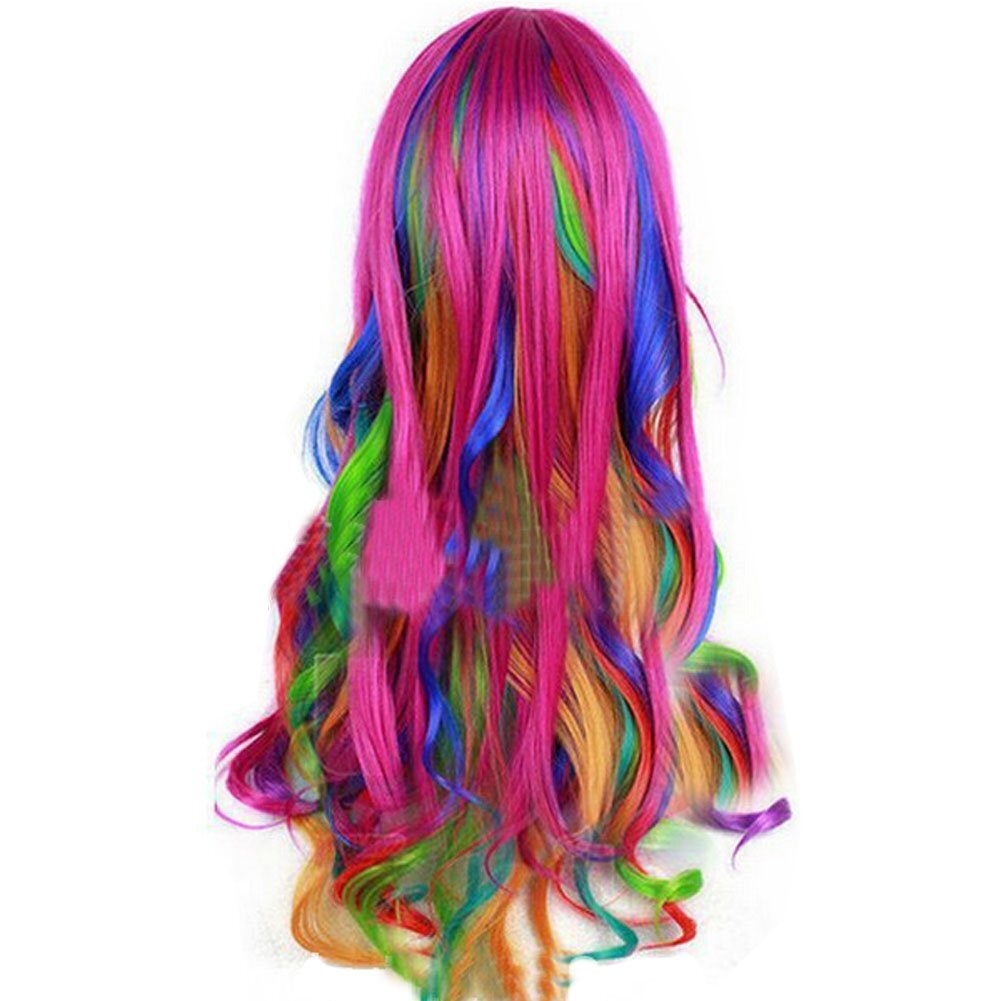 Girls Long Curly Rainbow Color Cosplay Party Costume Hair Wigs with Cap+Comb