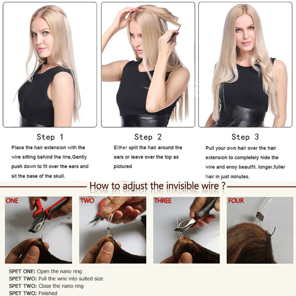 20IN Thick As Human Invisible Wire Clip In Hair Extensions One Piece & Nano Ring