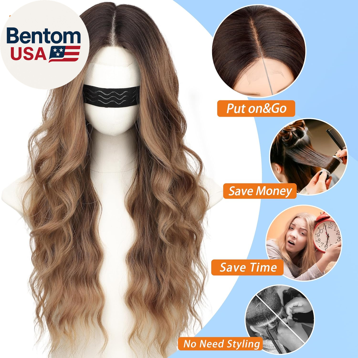 Long Brown Mixed Blonde Wavy Wig 4X1 Lace Natural Hairline Middle Part Curly Hea