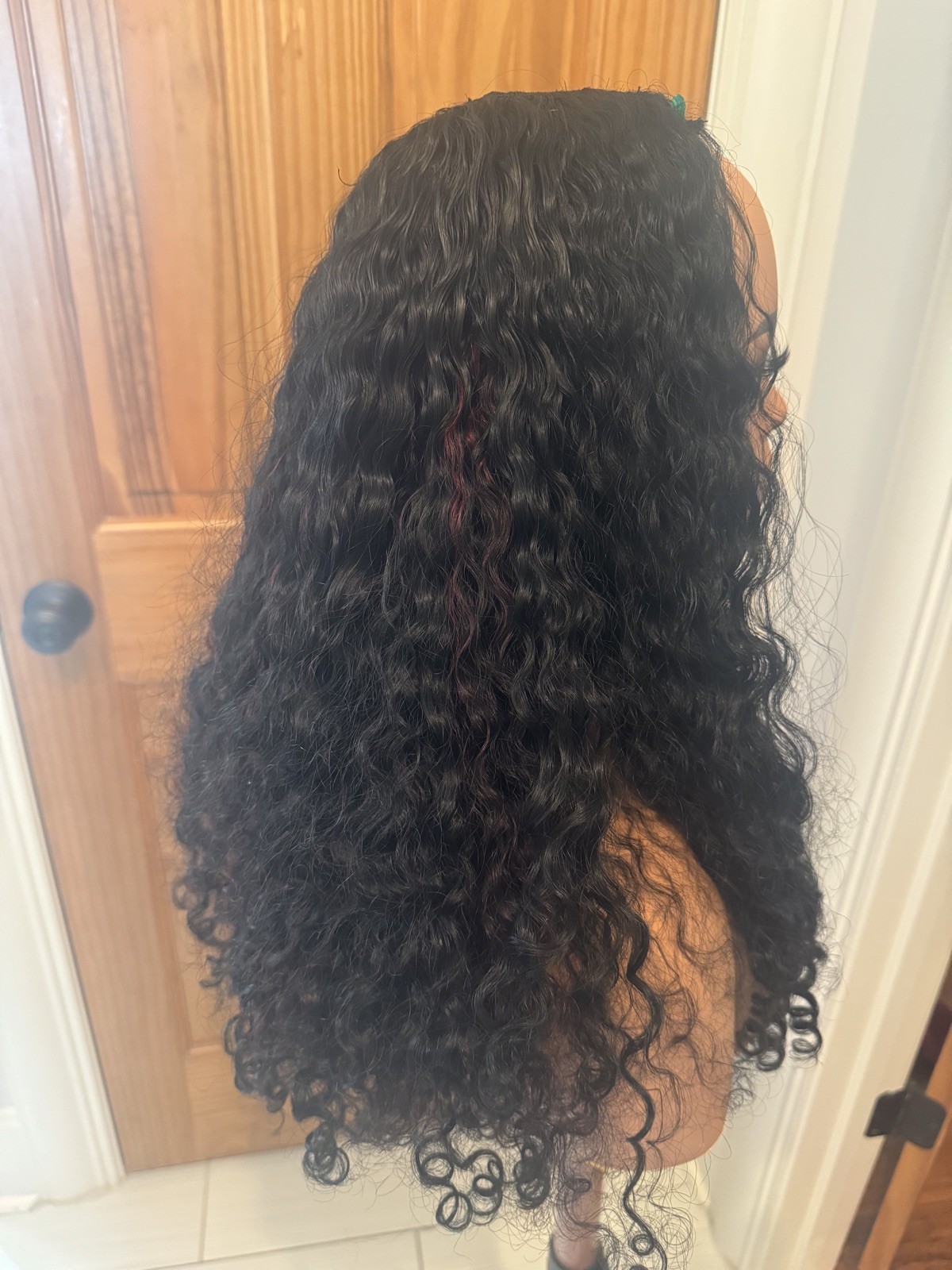 24” Custom Raw Burmese Curly U-Part Wig – Black w/ Red Highlights – New
