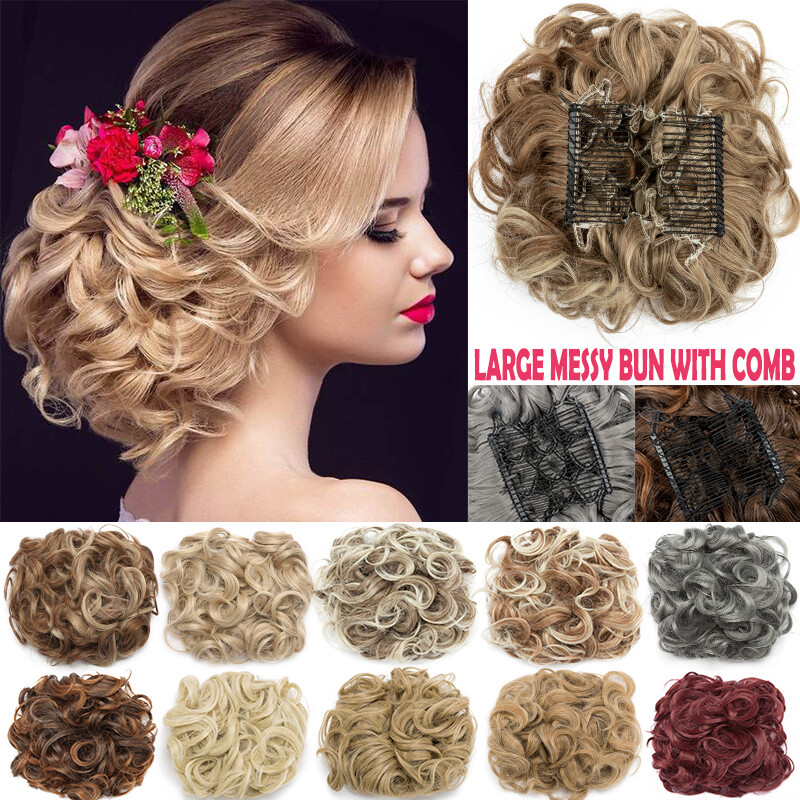 X-LARGE THICK Curly Chignon Messy Bun Updo Clip in Hair Piece Comb Extensions US