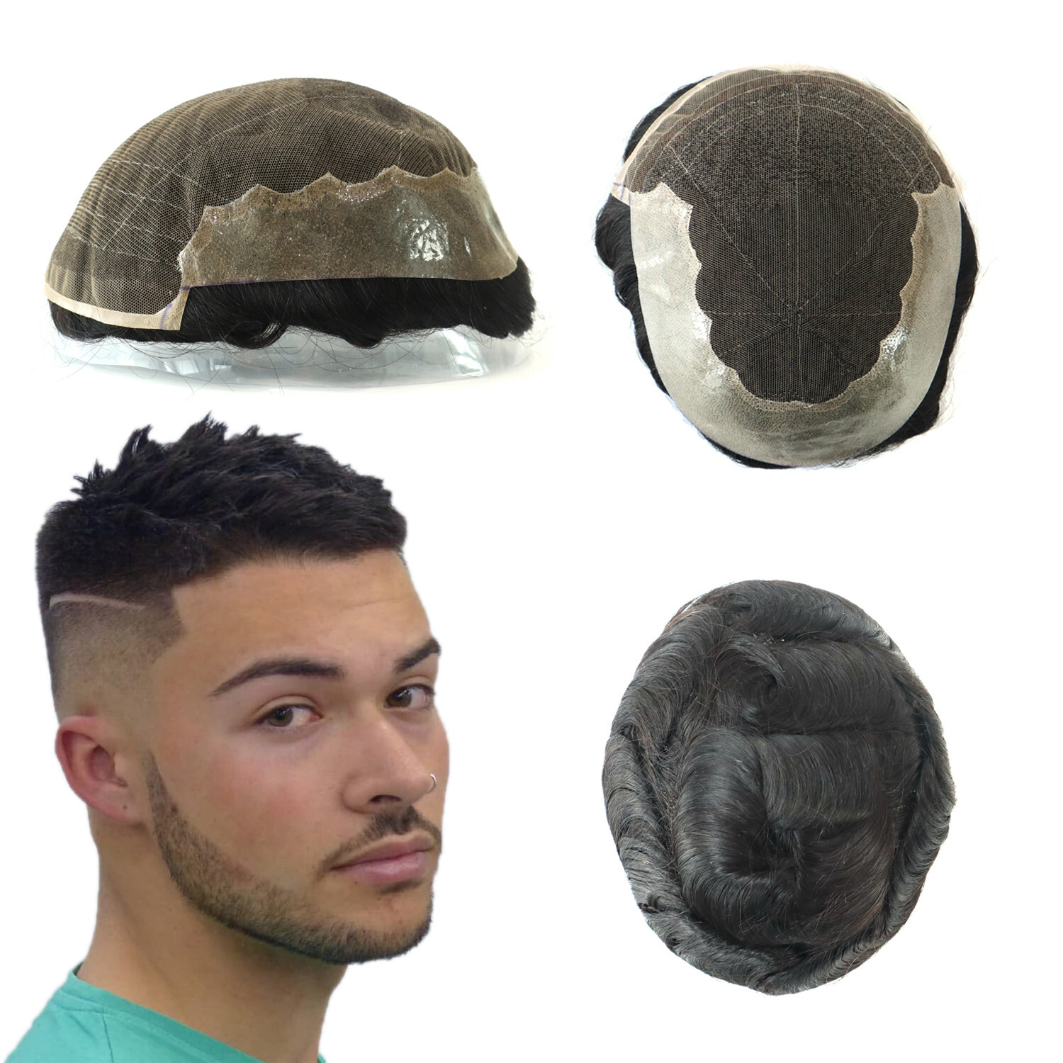 Mens Toupee Human Hair Systems French Lace Front Black Hair Pieces Q6 7×9 #1B