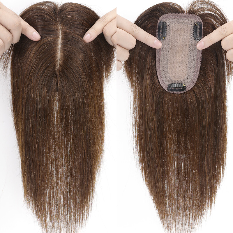 Women Topper Hairpiece with Bangs Clip In Top Remy Human Hair Toupee 7*13cm