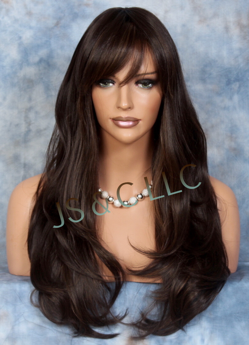 Human Hair Blend Full Wig Long slightly wavy bangs Heat OK WBKT 4-27