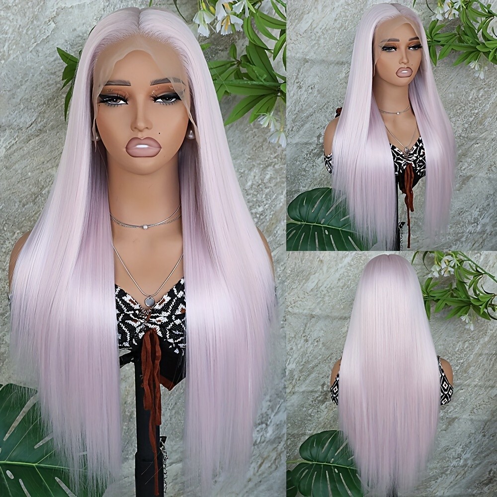 13×6 Free Part Light Pink Long Silky Straight Synthetic Lace Front Wig for Women
