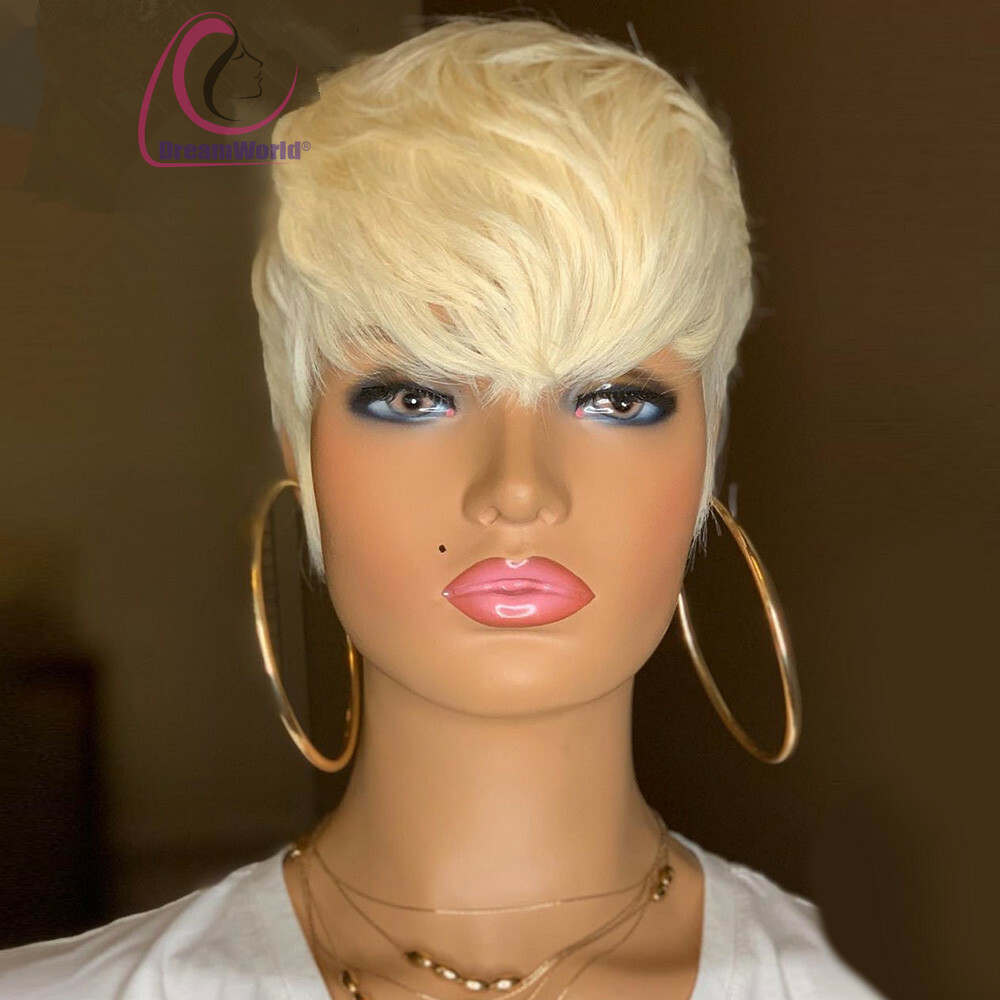 Pixie Cut Hairstyle Short 613 Honey Blonde Human Hair Wig Full Bang 150% Density
