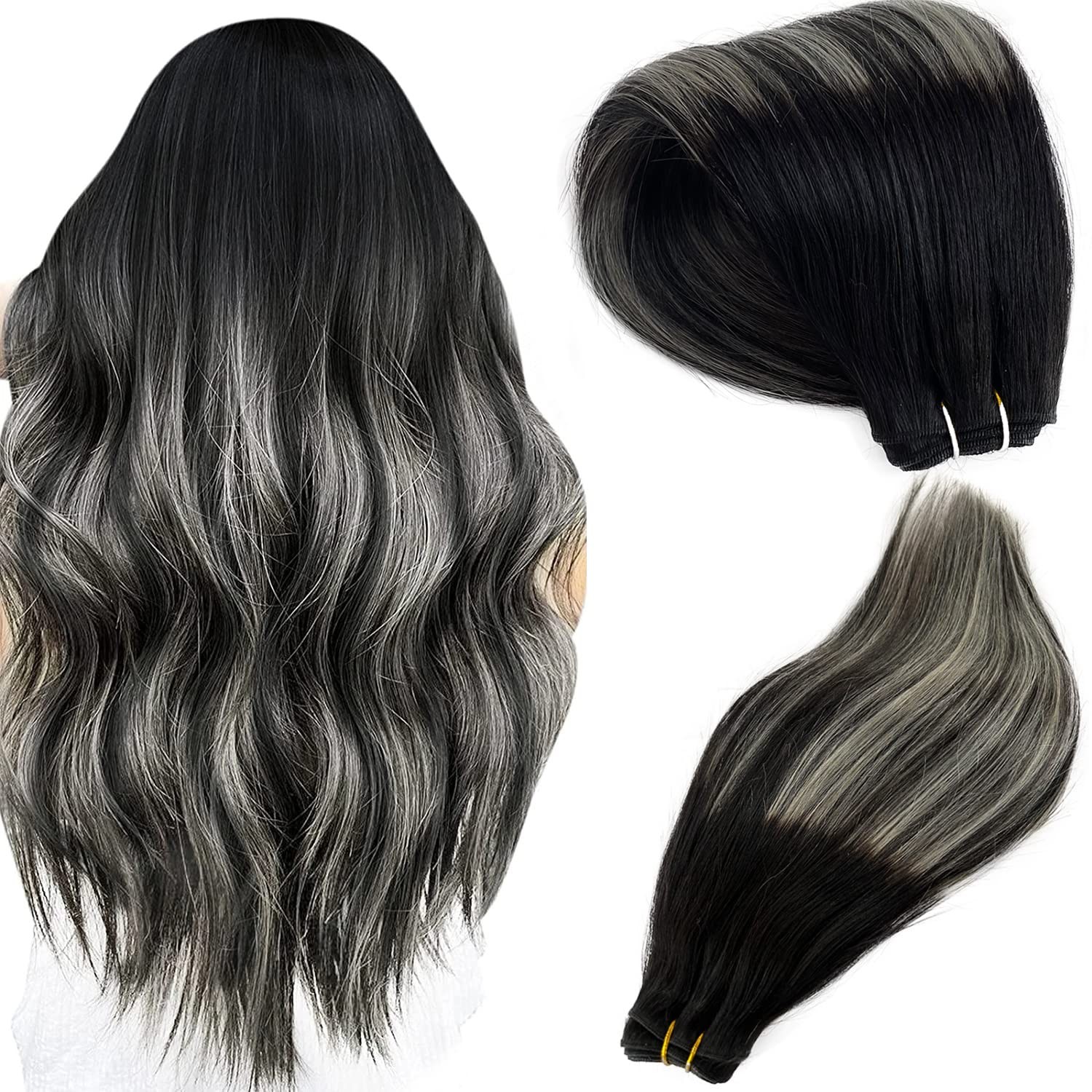 Silver Weft Hair Extensions Balayage Human Hair Bundles 22Inch 120 Gram Ombre…