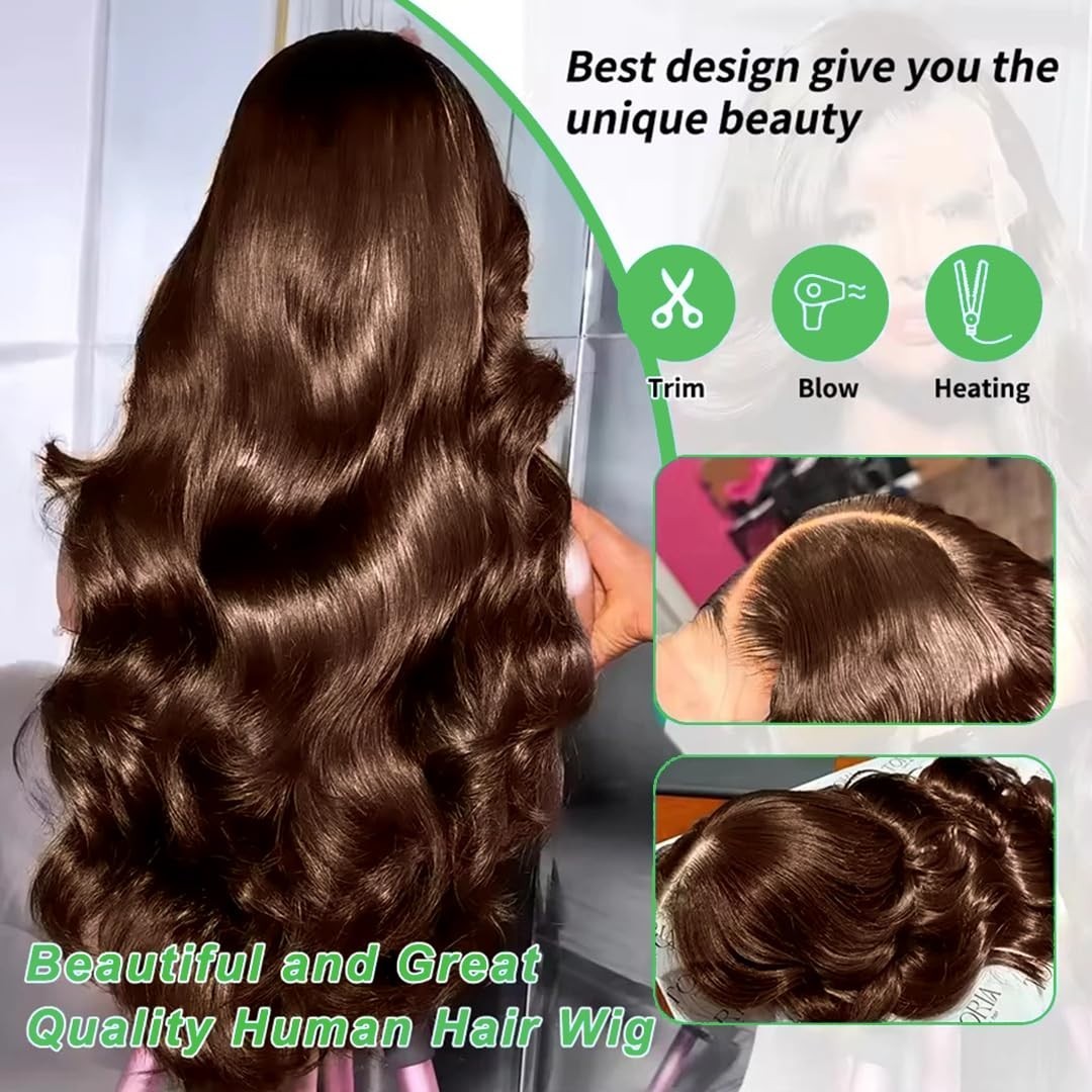 30″ Chocolate Brown Body Wave HD Lace Front Wig, 200 Density, Pre-Plucked, Dark