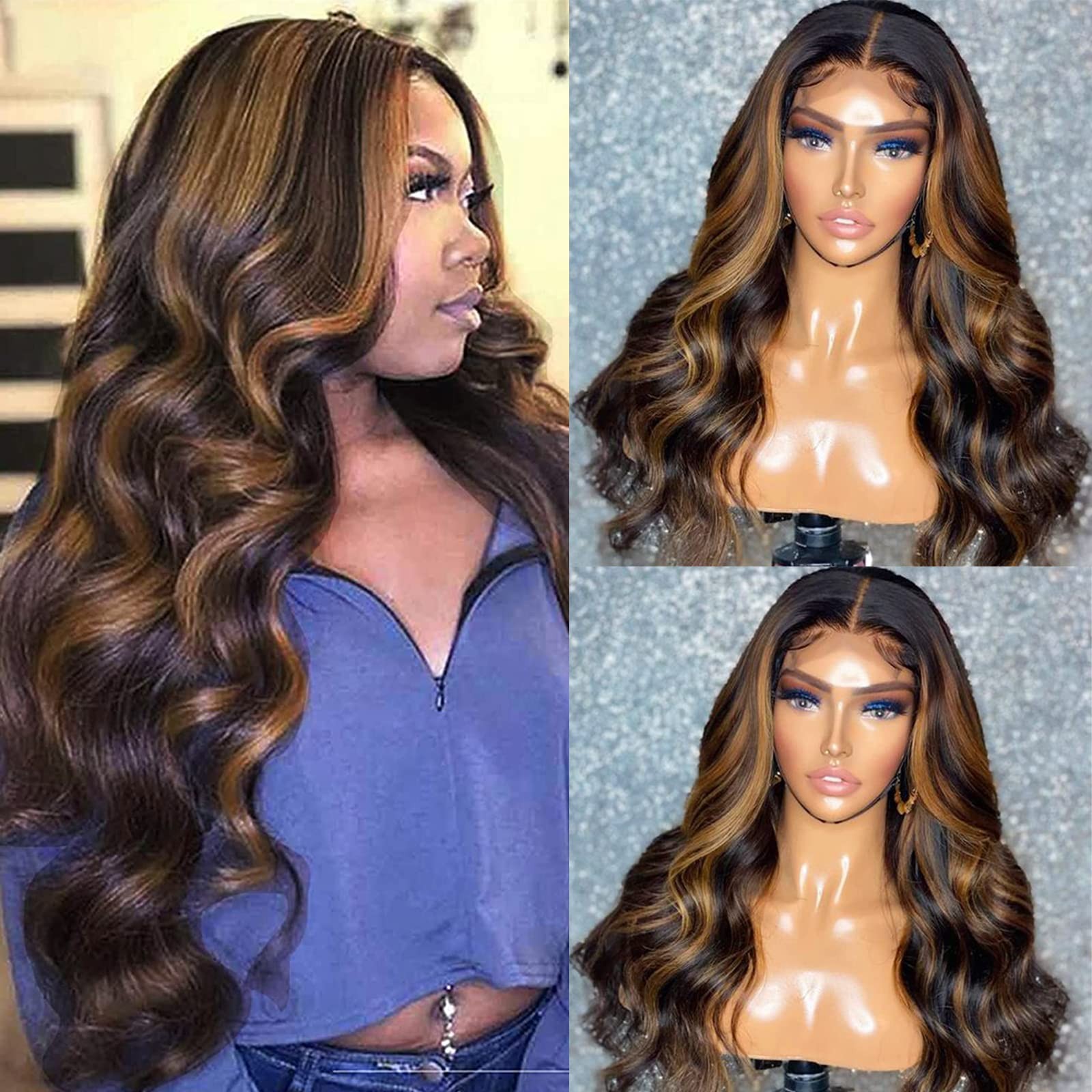Brazilian Human Hair Highlight 4×4 Lace Front Wig Balayage Body Wave Ombre La…