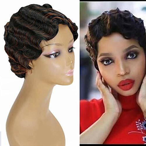 Short Wig Black Brown Curly Wig Finger Wave 100% Human Hair Full Wig Fashion Wig