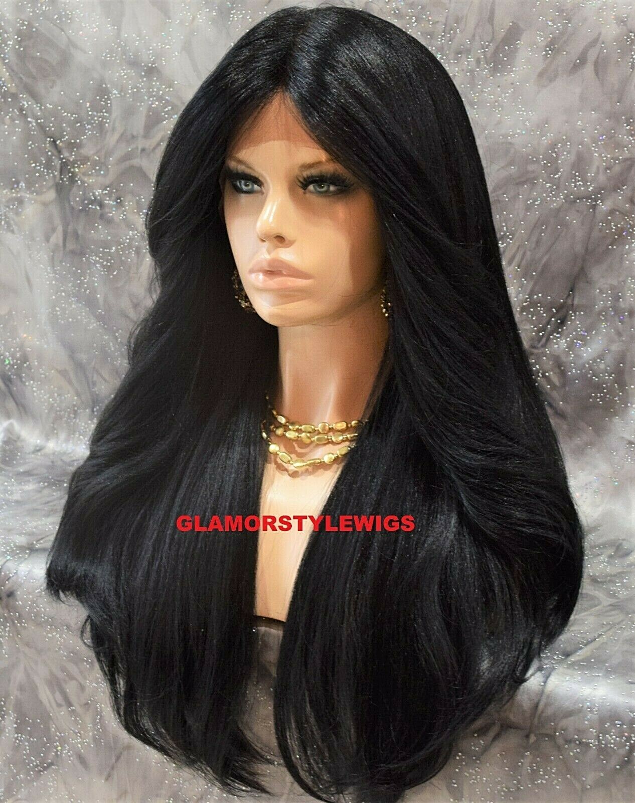 FREE PART LACE FRONT FULL WIG LONG LAYERED STRAIGHT JET BLACK #1 HEAT OK NWT