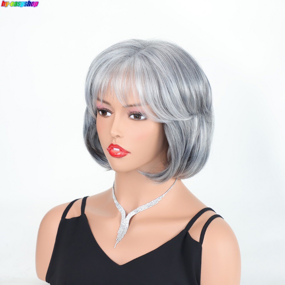 Short Straight Gray Wigs For Quinquagenarain Women Synthetic Wigs For Daily Use