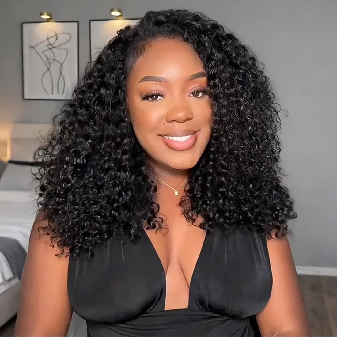 Kinky Curly Half Wig Human Hair 180% Density 16″ Glueless Clip-In Drawstring