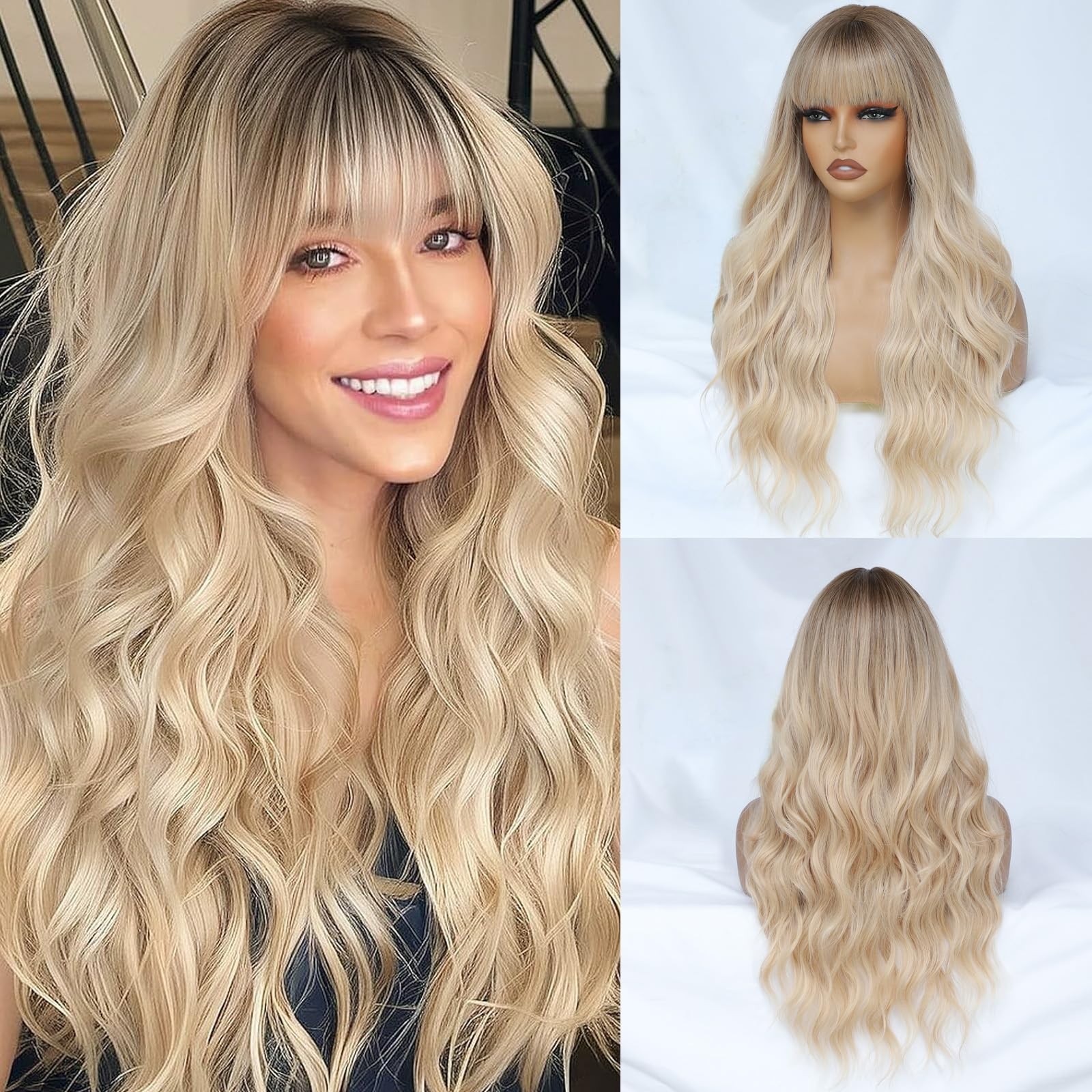 Blonde Wig with Bangs for Women 26 Inch Long Wavy Wig Blonde Hair Wigs Heat R…