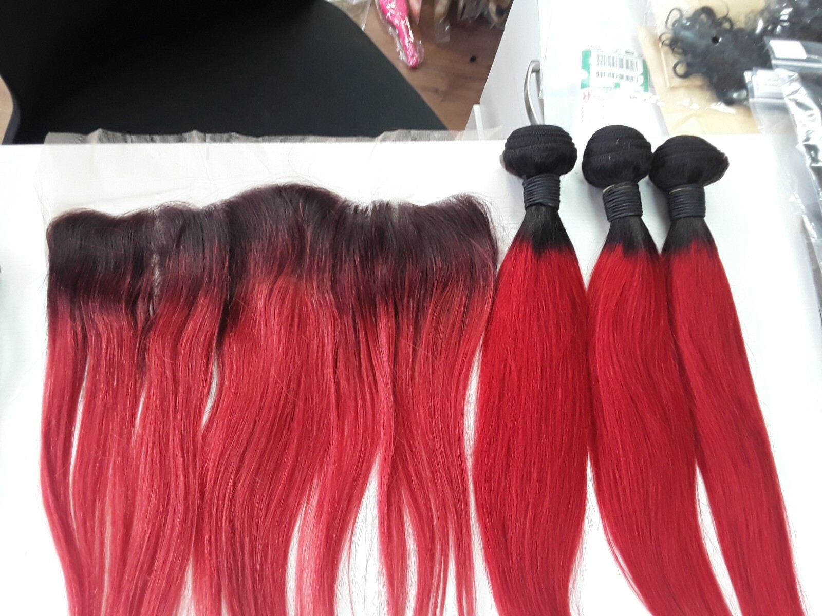 1B#/RED OMBRE BRAZILIAN VIRGIN HUMAN HAIR STRAIGHT BUNDLES 16+16+16&14 FRONTALS