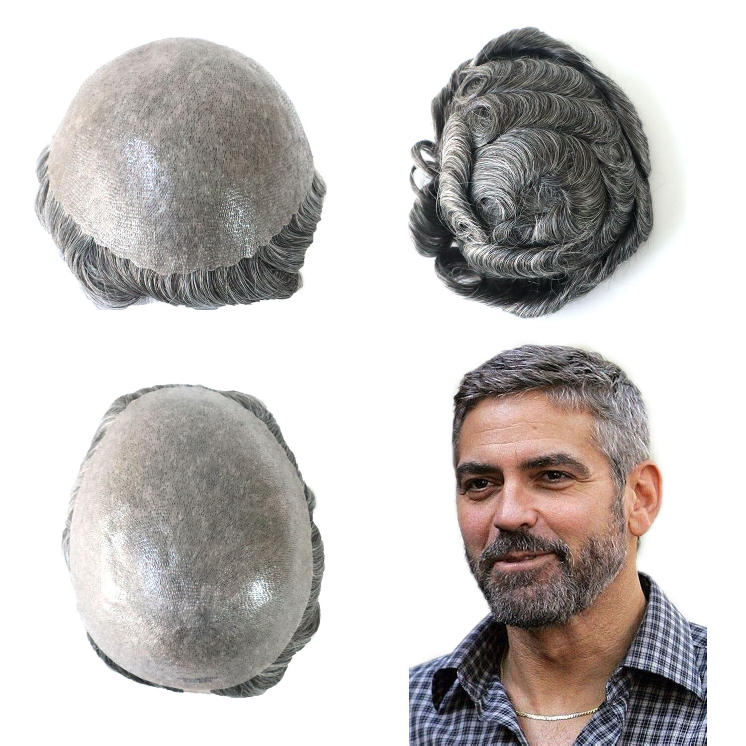 Mens Human Hair Replecement System Poly Skin Toupee V Looped Hair Pieces 8×10