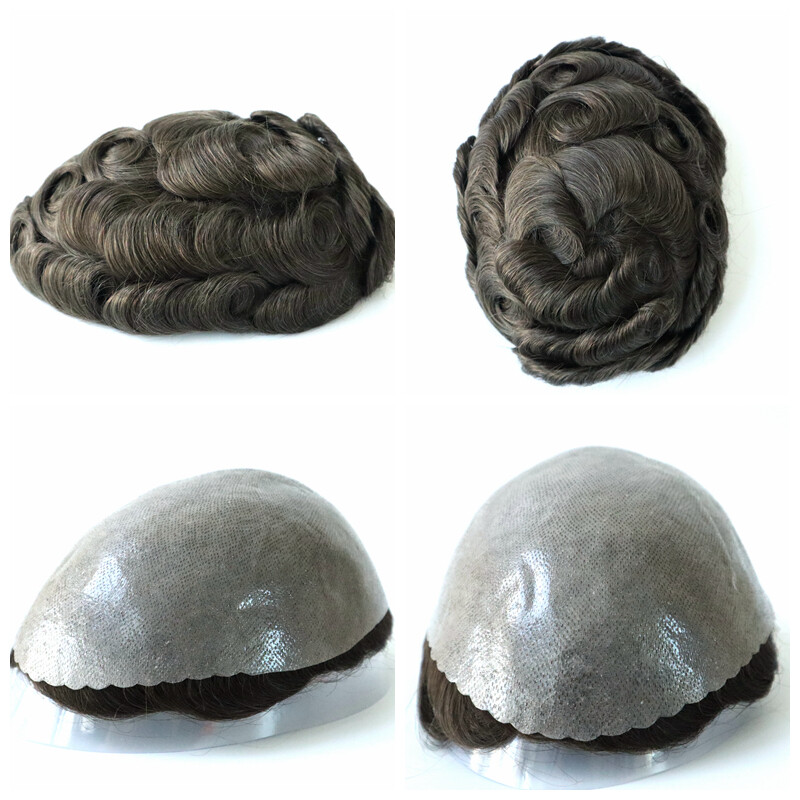Mens Toupee Human Hair Replacement System Scalloped Front V-loop Hairpieces #5
