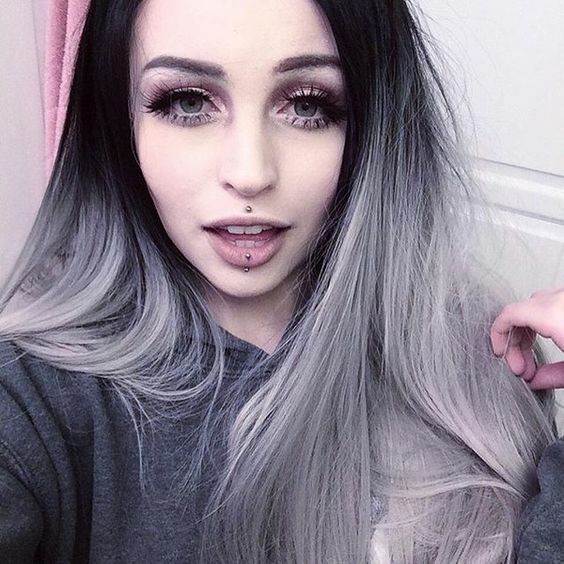 Long Straight Middle Part Wig Black Grey Blue Heat Resistant Synthetic Hair USA