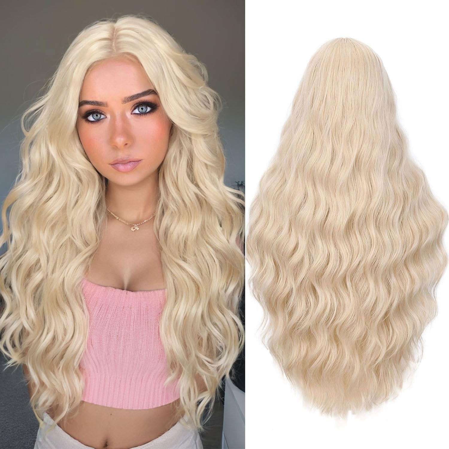 Platinum Blonde Long Wavy Long Blonde Synthetic Middle Part Curly Wavy for Da…