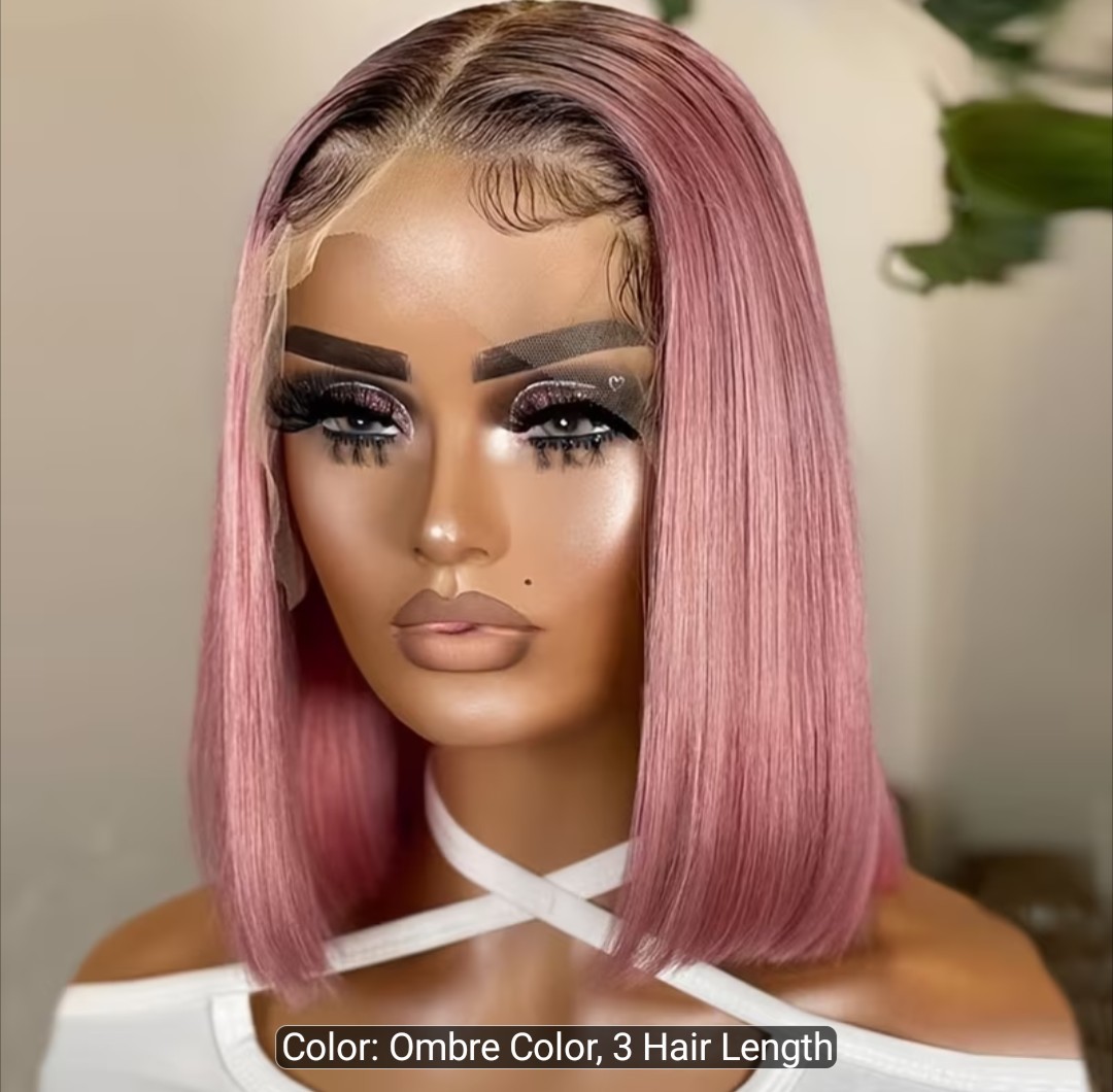 WOMEN’S PINK SHORT BOB WIG 100% HUMAN HAIR- 150% DENSITY 13x6x1 LACE FRONT